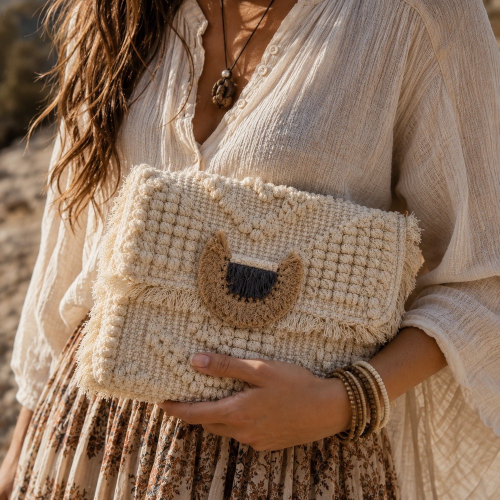 Tuckernuck Mirth Macrame Clutch Bag Cream Cotton Fringe Boho Handcrafted India